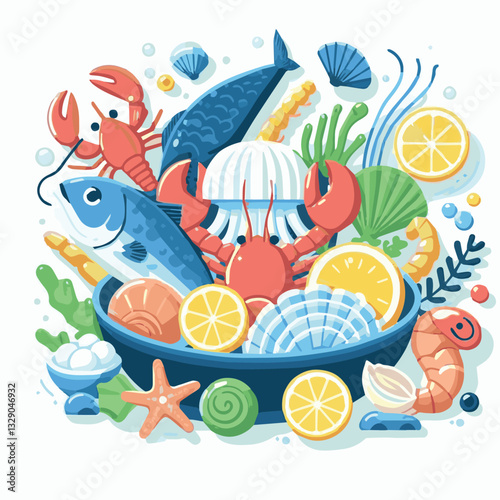 seafood, fish, restaurant, food, menu, dinner, sea, sketch, ocean, fresh, illustration, vector, vintage, market, shellfish, octopus, ink, meal, gourmet, shrimp, lobster, drawing, design, background, c