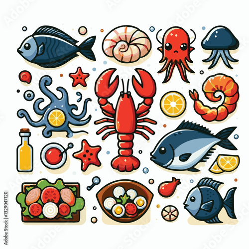 seafood, fish, restaurant, food, menu, dinner, sea, sketch, ocean, fresh, illustration, vector, vintage, market, shellfish, octopus, ink, meal, gourmet, shrimp, lobster, drawing, design, background, c