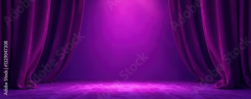Velvet curtains, hushed purple stage, soft glow , luxury, empty stage