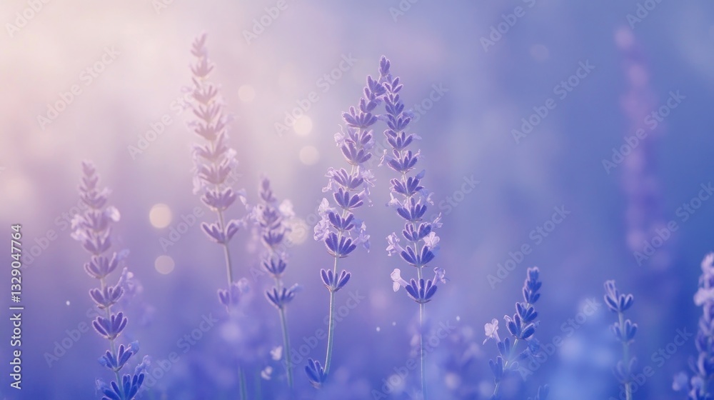 Soft focus lavender flowers in a field, bathed in sunlight. Soft focus lavender flowers in a field, bathed in sunlight.