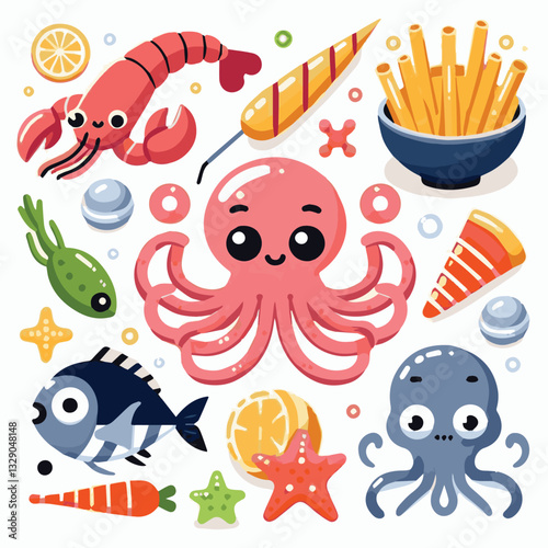 seafood, fish, restaurant, food, menu, dinner, sea, sketch, ocean, fresh, illustration, vector, vintage, market, shellfish, octopus, ink, meal, gourmet, shrimp, lobster, drawing, design, background, c