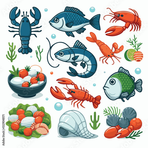 seafood, fish, restaurant, food, menu, dinner, sea, sketch, ocean, fresh, illustration, vector, vintage, market, shellfish, octopus, ink, meal, gourmet, shrimp, lobster, drawing, design, background, c