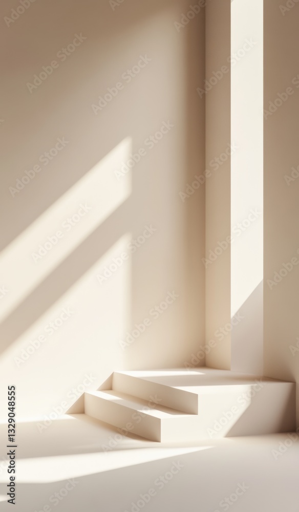 Fototapeta premium Soft light illuminates minimalist architecture featuring steps and walls in a serene indoor setting during golden hour