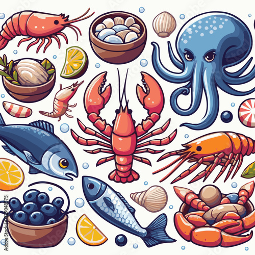 seafood, fish, restaurant, food, menu, dinner, sea, sketch, ocean, fresh, illustration, vector, vintage, market, shellfish, octopus, ink, meal, gourmet, shrimp, lobster, drawing, design, background, c
