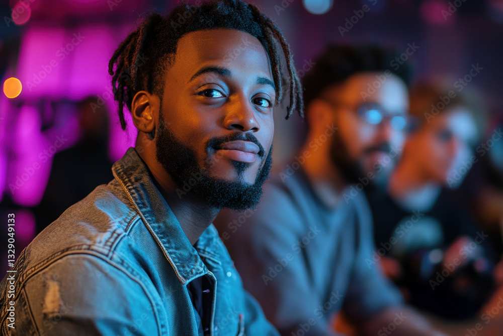 Young man at a gathering enjoying a light-hearted conversation with friends in a vibrant, colorful setting Young man at a gathering enjoying a light-hearted conversation with friends in a vibrant, colorful setting