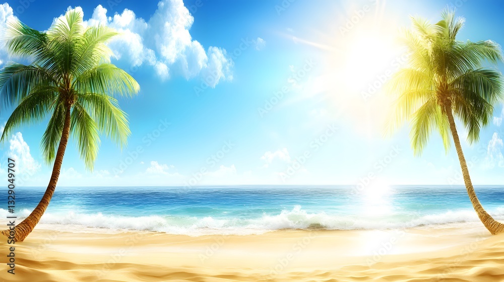 Sunny beach scene with palm trees, ocean, and bright sky background Sunny beach scene with palm trees, ocean, and bright sky background
