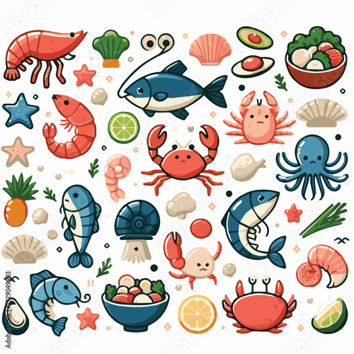 seafood, fish, restaurant, food, menu, dinner, sea, sketch, ocean, fresh, illustration, vector, vintage, market, shellfish, octopus, ink, meal, gourmet, shrimp, lobster, drawing, design, background, c