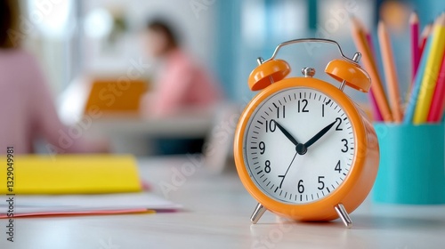 Orange Alarm Clock on White Desk with Blurred Background