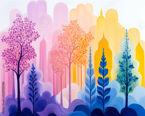 Pastel cityscape with vibrant trees and foliage, rendered in a stylized, dreamlike manner