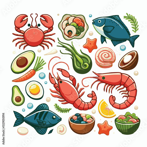 seafood, fish, restaurant, food, menu, dinner, sea, sketch, ocean, fresh, illustration, vector, vintage, market, shellfish, octopus, ink, meal, gourmet, shrimp, lobster, drawing, design, background, c