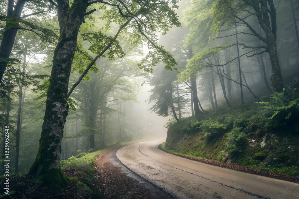 Obraz premium Misty Mountain Road Through Dense Forest
