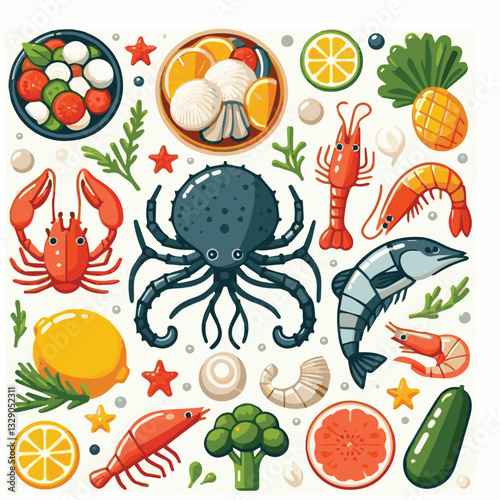 seafood, fish, restaurant, food, menu, dinner, sea, sketch, ocean, fresh, illustration, vector, vintage, market, shellfish, octopus, ink, meal, gourmet, shrimp, lobster, drawing, design, background, c