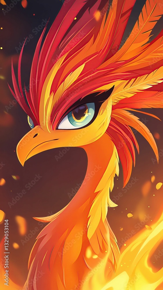 Obraz premium Cartoon Character colorful fantasy Cartoon Character colorful fantasy, a fiery phoenix girl with vibrant feathers, rising from magical flames with an intense gaze