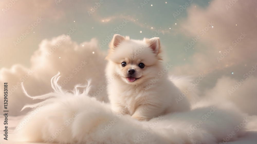 Obraz premium Fluffy Pomeranian On Cloud