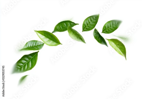 Green Tea Leaves Floating Against White Background