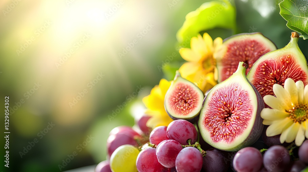 Bright sunny summer image of figs, grapes and flowers