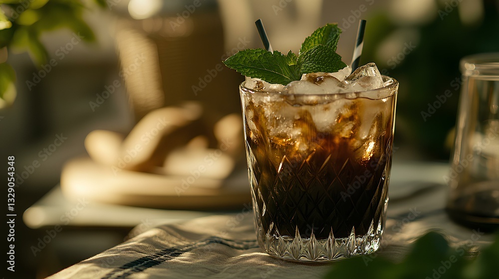 iced mocha served with fresh mint leaves on a sunny summer terrace