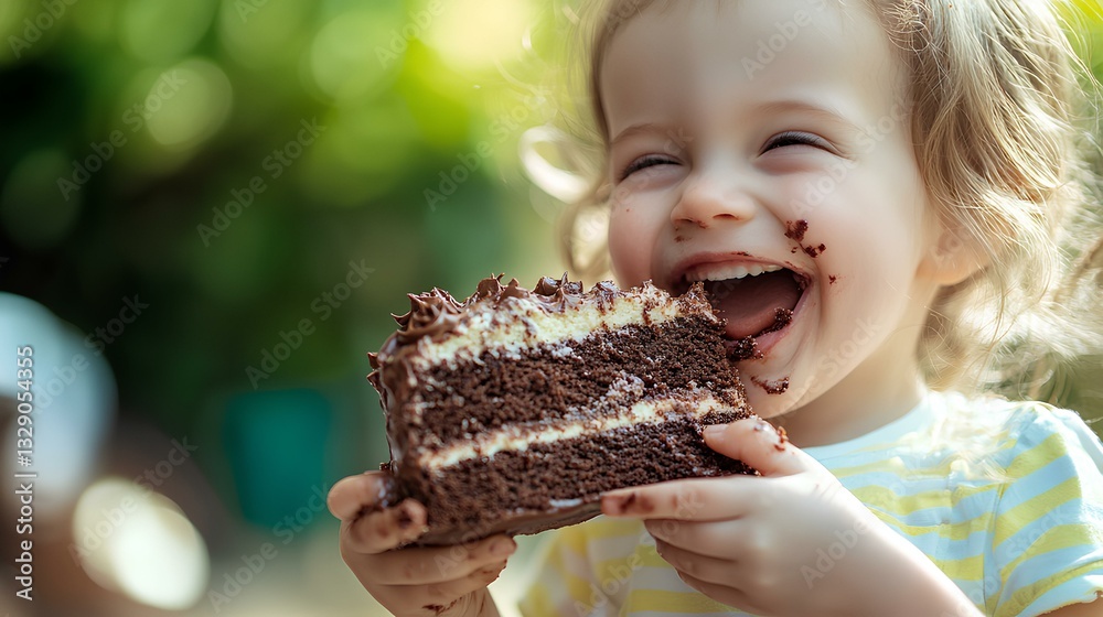 white child with messy hands holding a large slice of chocolate cake, taking a joyful bite