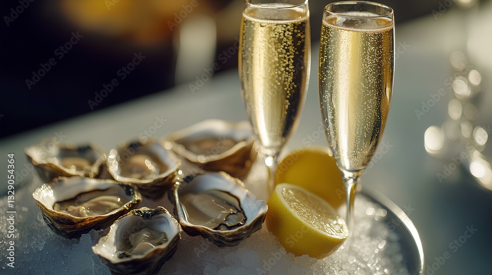 gourmet pairing of champagne and oysters served on a bed of crushed ice with lemon wedges