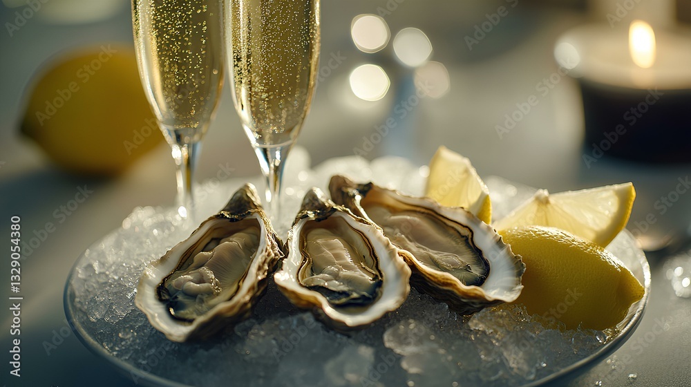 gourmet pairing of champagne and oysters served on a bed of crushed ice with lemon wedges
