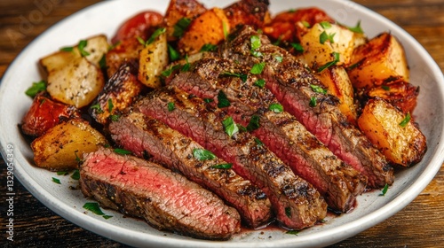 Bottom Round concept. Grilled steak with roasted vegetables on a plate