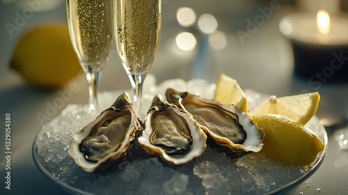 Obraz na płótnie gourmet pairing of champagne and oysters served on a bed of crushed ice with lemon wedges w salonie