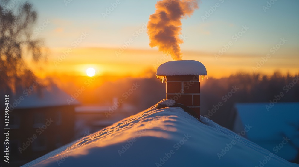 Frost-covered rooftop tiles with a puff of smoke rising from a chimney in the distance