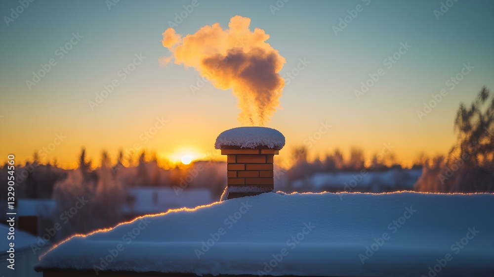 Frost-covered rooftop tiles with a puff of smoke rising from a chimney in the distance