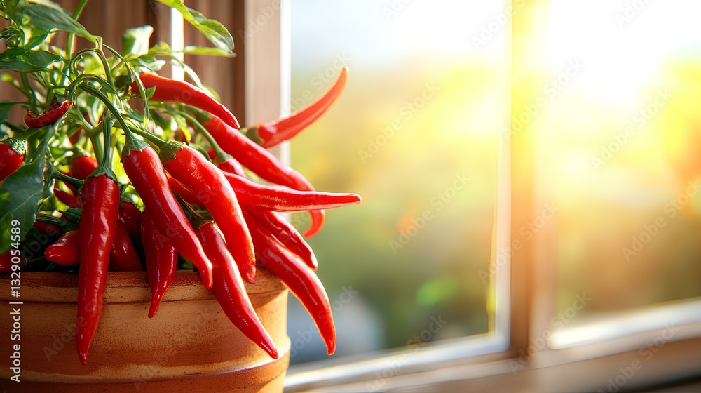 chili pepper plant growing in a terracotta pot on a sunny windowsill, with small peppers hanging from the stems