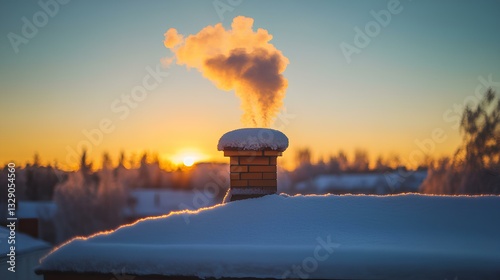 Obraz na płótnie Frost-covered rooftop tiles with a puff of smoke rising from a chimney in the distance w salonie