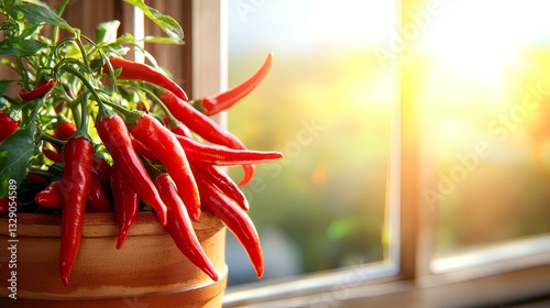 Obraz na płótnie chili pepper plant growing in a terracotta pot on a sunny windowsill, with small peppers hanging from the stems w salonie