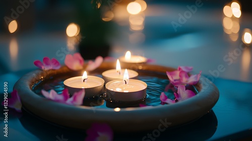 small indoor fountain with floating candles and flower petals, creating a peaceful and spiritual ambiance