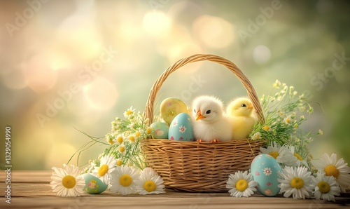 A cheerful Easter centerpiece featuring a basket filled with painted eggs, fluffy chicks, and daisies,   placed on a wooden table