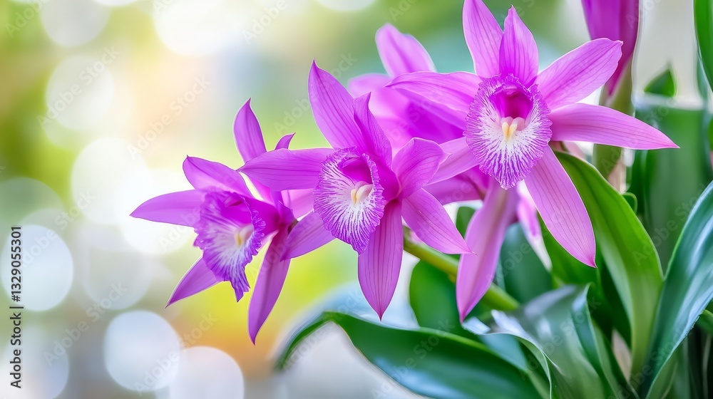 Obraz premium Vibrant pink orchid bloom gracefully against a soft, blurred green background, showcasing nature's beauty