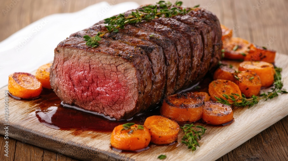 Bottom Round concept. Perfectly seared beef steak with roasted vegetables on a serving platter Bottom Round concept. Perfectly seared beef steak with roasted vegetables on a serving platter