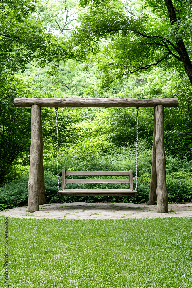 Rustic wooden swing set in lush green garden
