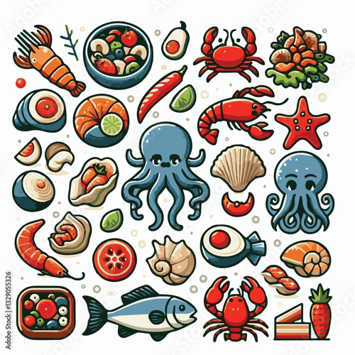 seafood, fish, restaurant, food, menu, dinner, sea, sketch, ocean, fresh, illustration, vector, vintage, market, shellfish, octopus, ink, meal, gourmet, shrimp, lobster, drawing, design, background, c