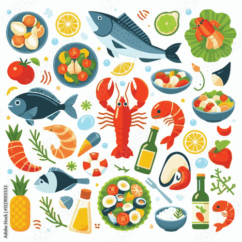 seafood, fish, restaurant, food, menu, dinner, sea, sketch, ocean, fresh, illustration, vector, vintage, market, shellfish, octopus, ink, meal, gourmet, shrimp, lobster, drawing, design, background, c