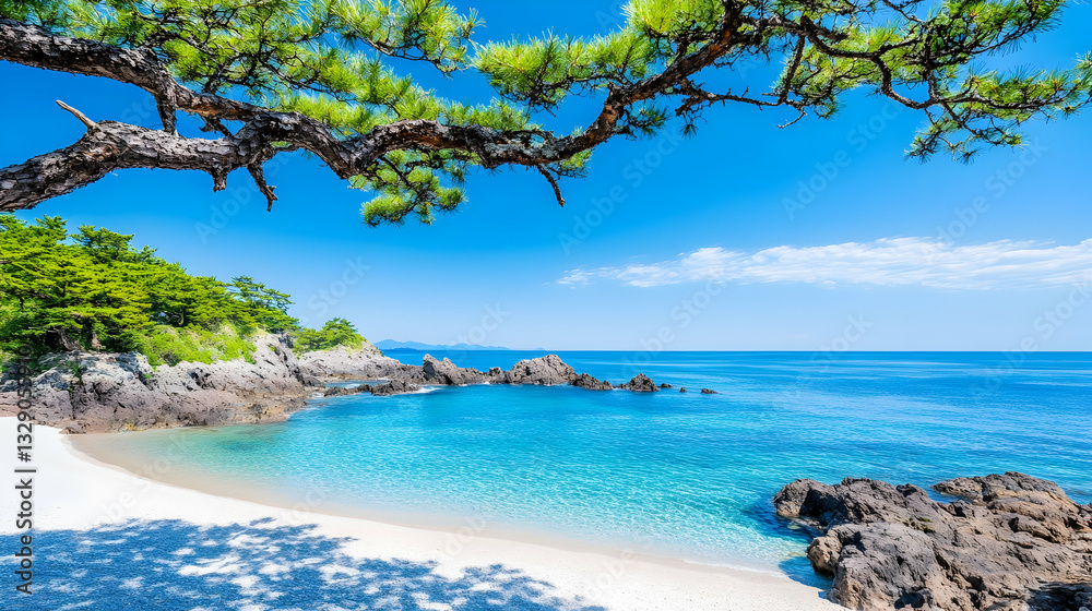 Secluded cove with white sand beach, turquoise water, and pine trees Secluded cove with white sand beach, turquoise water, and pine trees