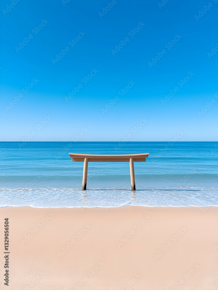 Serene beach scene with a traditional wooden gate partially submerged in gentle waves under a clear blue sky Serene beach scene with a traditional wooden gate partially submerged in gentle waves under a clear blue sky