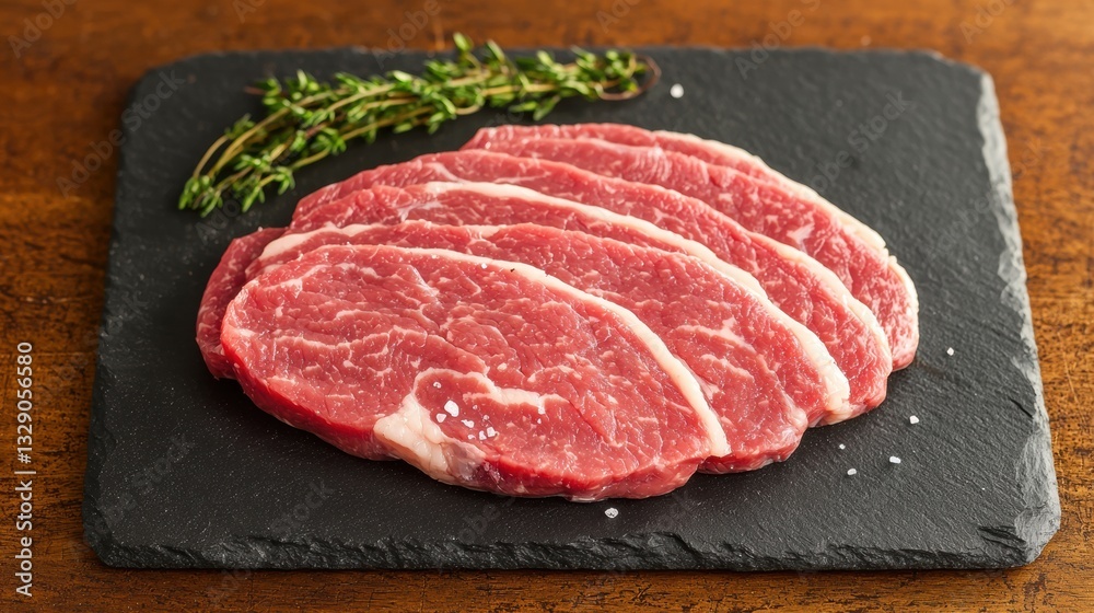 Bottom Round concept. Sliced raw beef steak on a black slate plate with fresh rosemary Bottom Round concept. Sliced raw beef steak on a black slate plate with fresh rosemary