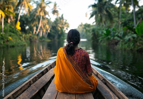 Woman Rides Boat on Tropical River