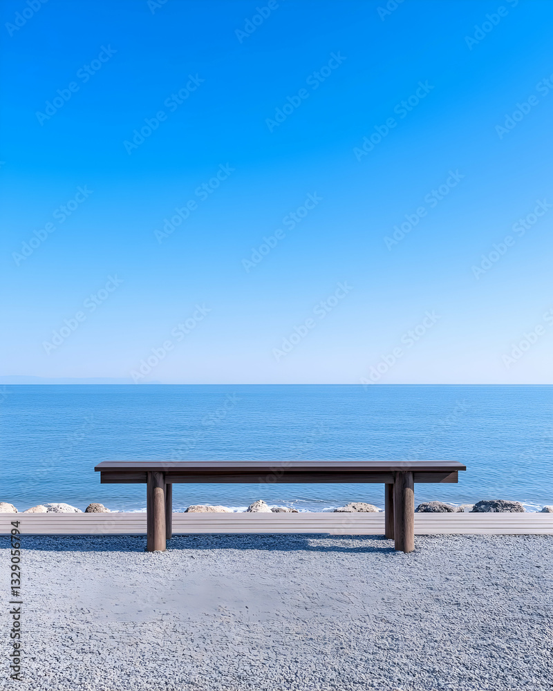Serene coastal bench overlooking calm ocean under clear blue sky Serene coastal bench overlooking calm ocean under clear blue sky