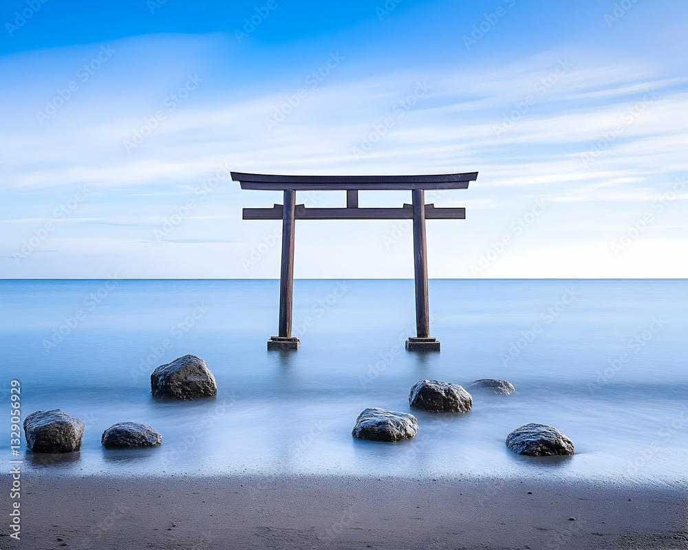 Serene coastal torii gate at sunrise, with rocks and calm ocean Serene coastal torii gate at sunrise, with rocks and calm ocean