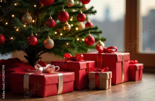 Festive New Year and Christmas atmosphere with beautifully wrapped gifts