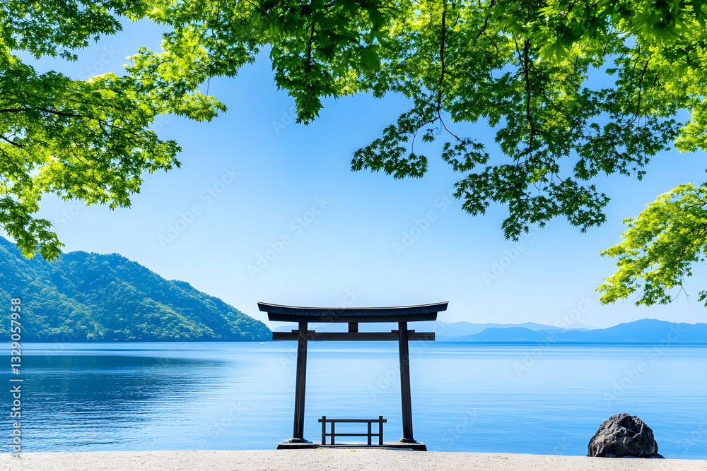 Serene lakeside torii gate under lush green canopy, tranquil mountain backdrop Serene lakeside torii gate under lush green canopy, tranquil mountain backdrop