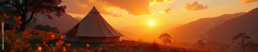 Fototapeta premium Golden sunrise paints tent canvas, soft light fills interior, morning, unwind