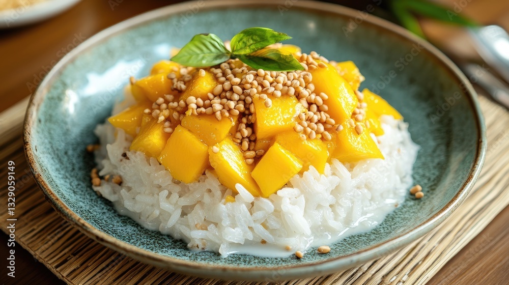 Deliciously Sweet Mango and Rice Dessert Served on a Rustic Plate with Fresh Basil and Sesame Seeds Deliciously Sweet Mango and Rice Dessert Served on a Rustic Plate with Fresh Basil and Sesame Seeds