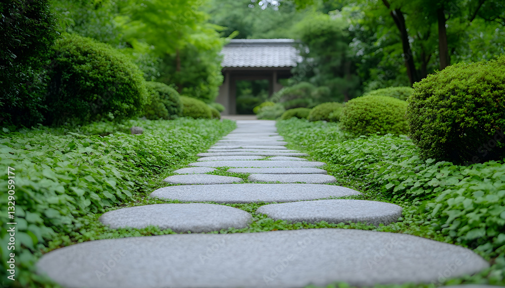 Serene stone path through lush green garden leading to traditional gate Serene stone path through lush green garden leading to traditional gate