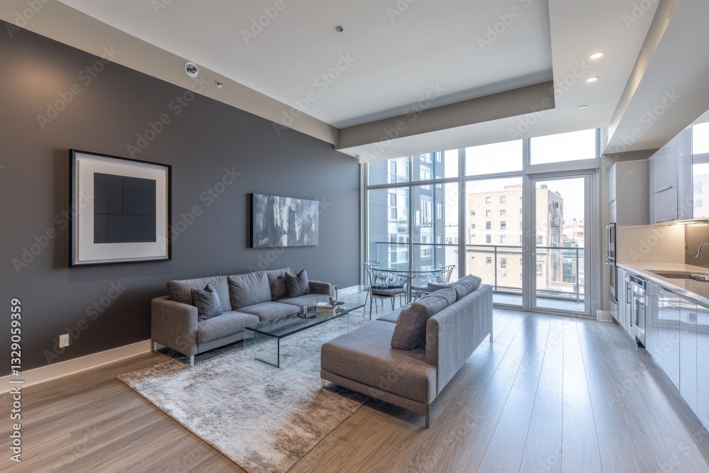 Fototapeta premium Modern condo living room with city view, hardwood floors, and grey sofas.